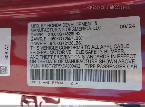 1HGCY2F5XSA000462 2025 HONDA ACCORD HYBRID Красный 