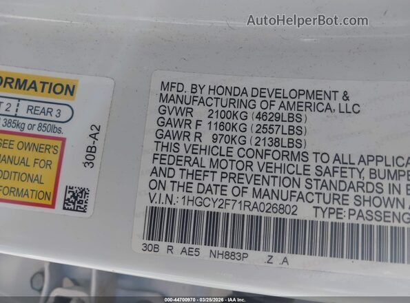 1HGCY2F71RA026802 2024 HONDA ACCORD White ძრავის განყოფილების ხედი