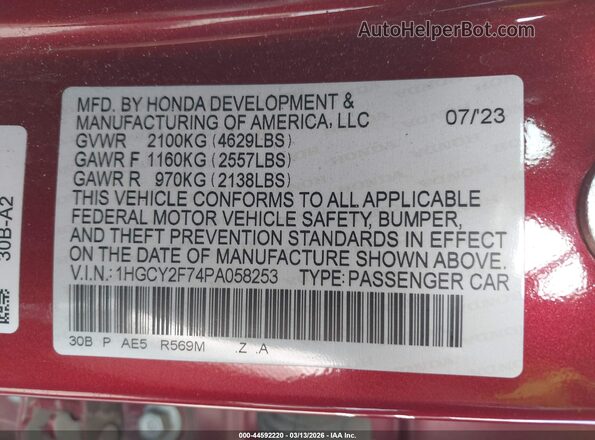 1HGCY2F74PA058253 2023 HONDA ACCORD HYBRID Red 
