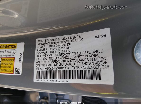 1HGCY2F82SA045308 2025 HONDA ACCORD Gray Vista del compartimento del motor