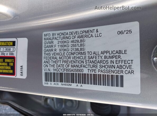 1HGCY2F89SA058900 2025 HONDA ACCORD Серебряный Вид подкапотного пространства