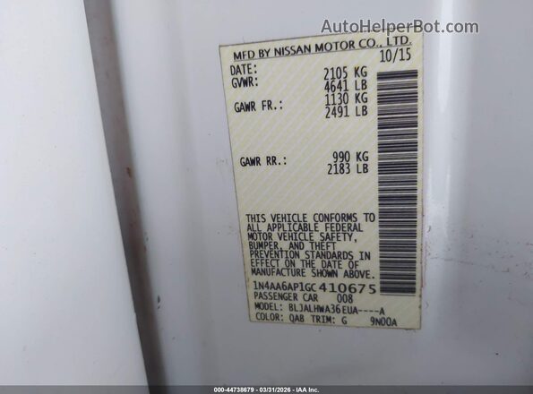 1N4AA6AP1GC410675 2016 NISSAN MAXIMA White Engine compartment view