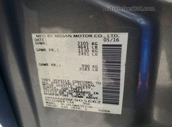 1N4AA6AP2GC905662 2016 NISSAN MAXIMA Gray Engine compartment view