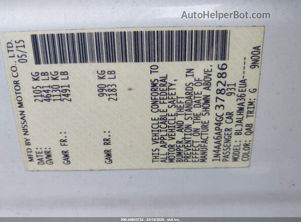 1N4AA6AP4GC378286 2016 NISSAN MAXIMA White Engine compartment view