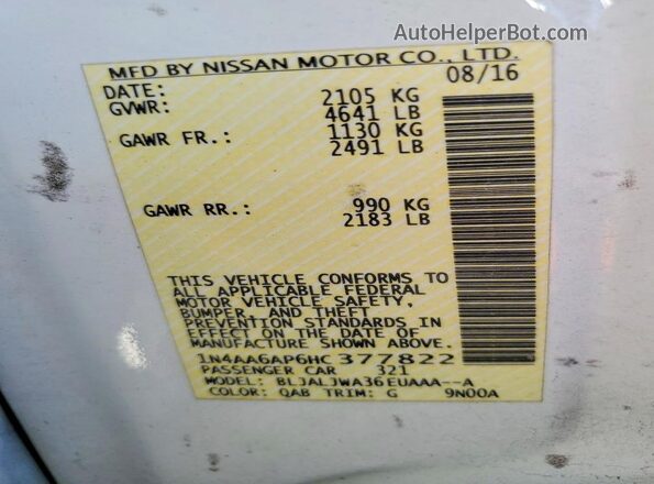 1N4AA6AP6HC377822 2017 NISSAN MAXIMA White Widok komory silnika