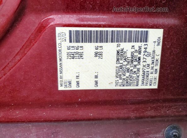 1N4AA6AP7JC372943 2018 NISSAN MAXIMA Burgundy Vista del compartimento del motor