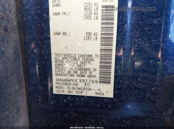 1N4AA6APXJC397769 2018 NISSAN MAXIMA Blue Вид підкапотного простору
