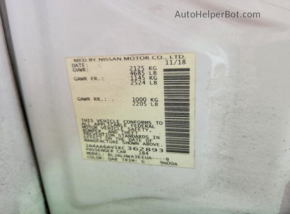 1N4AA6AV1KC362893 2019 NISSAN MAXIMA PLATINUM White Вид підкапотного простору