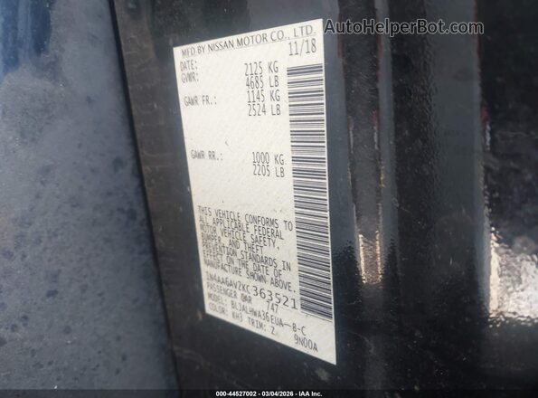 1N4AA6AV2KC363521 2019 NISSAN MAXIMA Black Vista del compartimento del motor