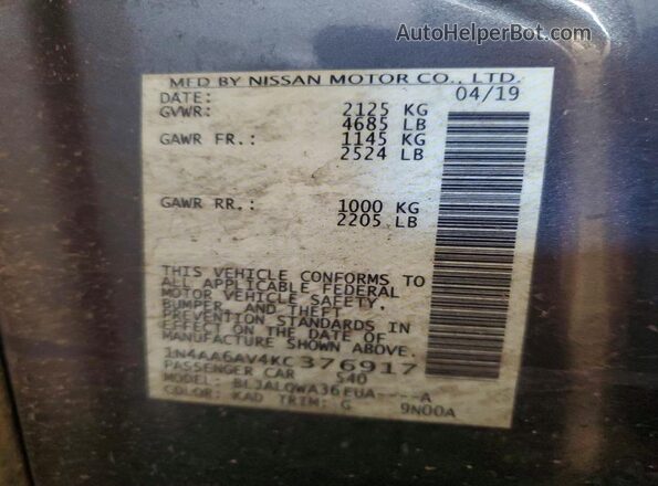1N4AA6AV4KC376917 2019 NISSAN MAXIMA Gray 