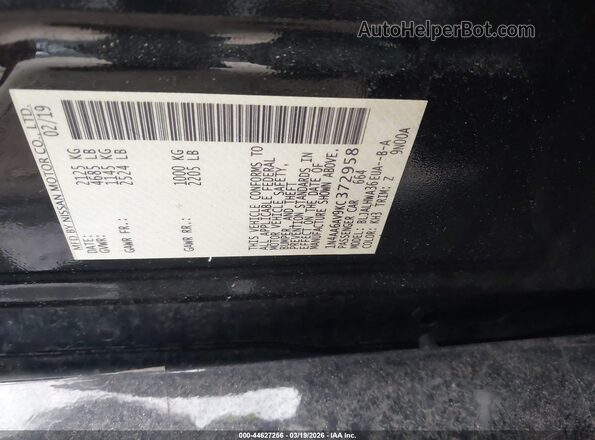 1N4AA6AV9KC372958 2019 NISSAN MAXIMA Black Vista del compartimento del motor