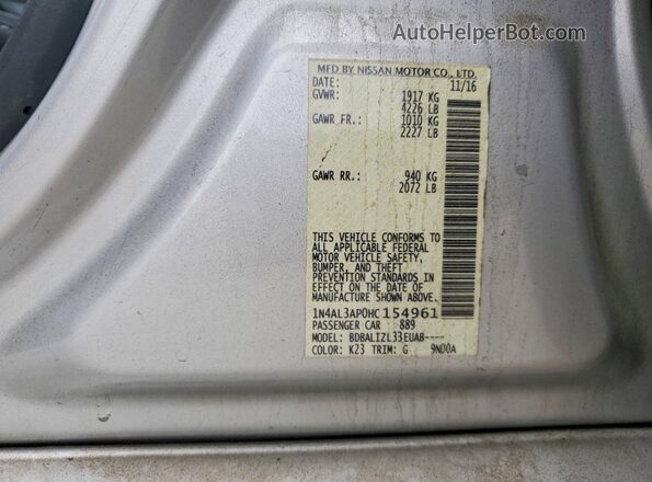 1N4AL3AP0HC154961 2017 NISSAN ALTIMA Silver ძრავის განყოფილების ხედი