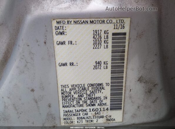 1N4AL3AP0HC160114 2017 NISSAN ALTIMA Серебряный Вид подкапотного пространства