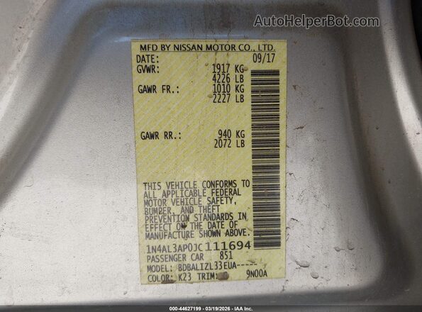 1N4AL3AP0JC111694 2018 NISSAN ALTIMA Silver Vista del compartimento del motor