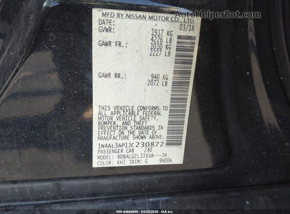 1N4AL3AP1JC230872 2018 NISSAN ALTIMA Black ძრავის განყოფილების ხედი