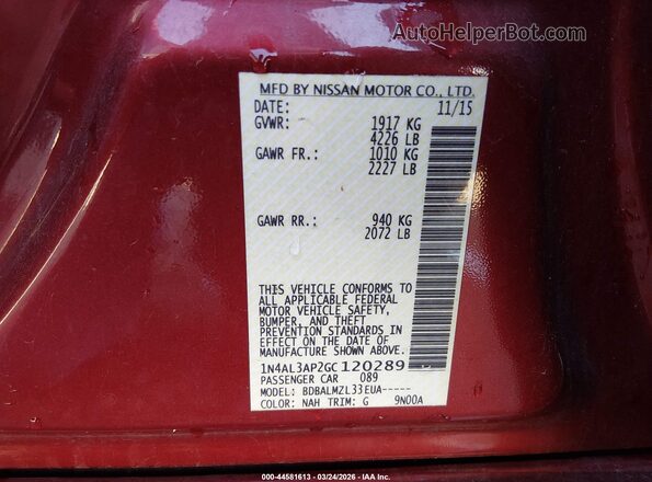 1N4AL3AP2GC120289 2016 NISSAN ALTIMA Red Engine compartment view