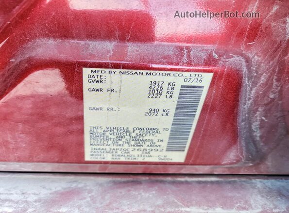 1N4AL3AP2GC268992 2016 NISSAN ALTIMA Red Vista de la etiqueta del VIN