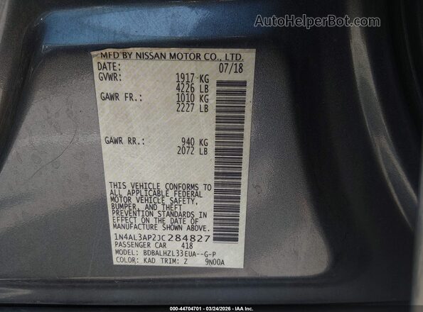 1N4AL3AP2JC284827 2018 NISSAN ALTIMA Gray Շարժիչի բաժամունքի տեսք