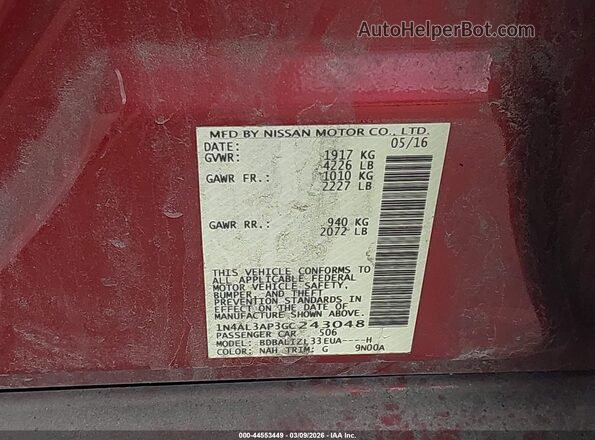 1N4AL3AP3GC243048 2016 NISSAN ALTIMA Red ძრავის განყოფილების ხედი