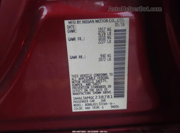 1N4AL3AP4GC238781 2016 NISSAN ALTIMA Red ძრავის განყოფილების ხედი