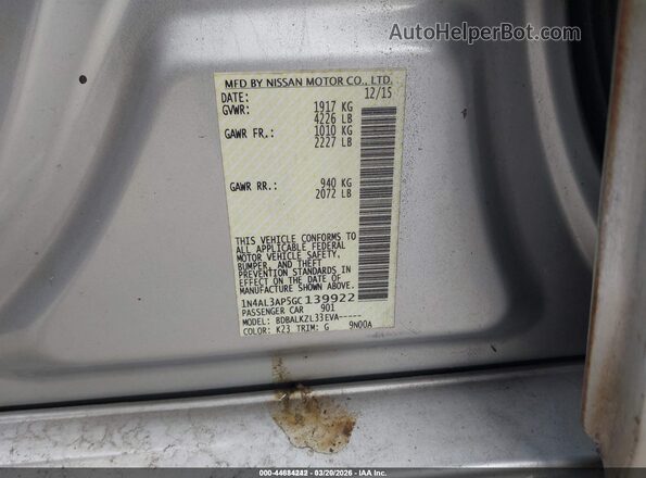 1N4AL3AP5GC139922 2016 NISSAN ALTIMA Silver Вид підкапотного простору