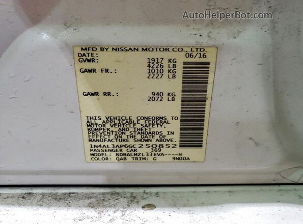 1N4AL3AP6GC250852 2016 NISSAN ALTIMA White VIN კოდის სტიკერის ხედი