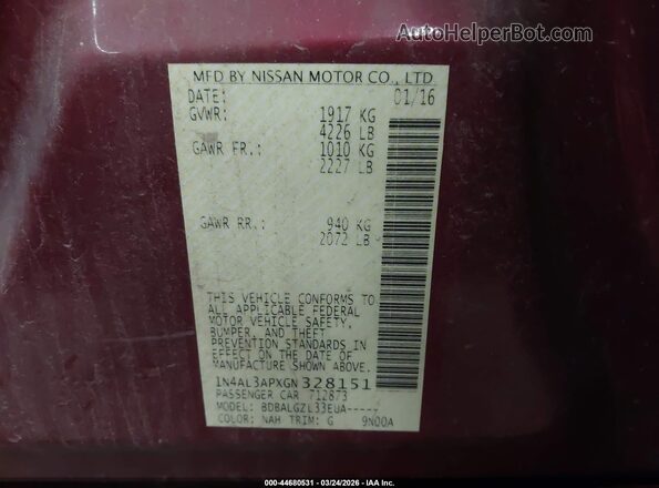 1N4AL3APXGN328151 2016 NISSAN ALTIMA Red Շարժիչի բաժամունքի տեսք