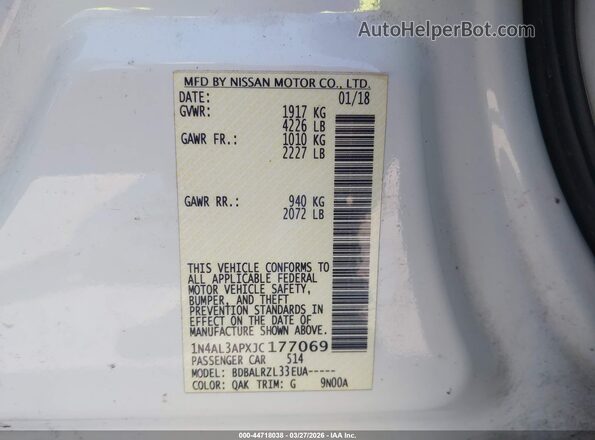 1N4AL3APXJC177069 2018 NISSAN ALTIMA Белый Вид подкапотного пространства