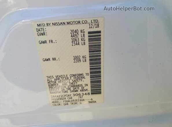 1N4AZ1CP1KC306348 2019 NISSAN LEAF White 