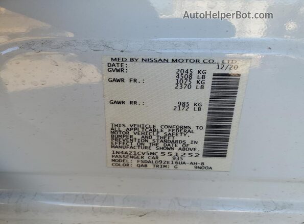 1N4AZ1CV5MC551252 2021 NISSAN LEAF Белый Панорамный вид салона 360°