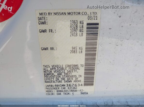 1N4BL4BV1MN367634 2021 NISSAN ALTIMA White 