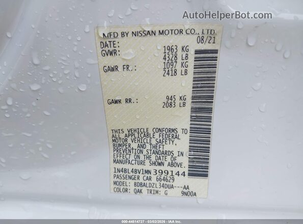 1N4BL4BV1MN399144 2021 NISSAN ALTIMA White Widok komory silnika