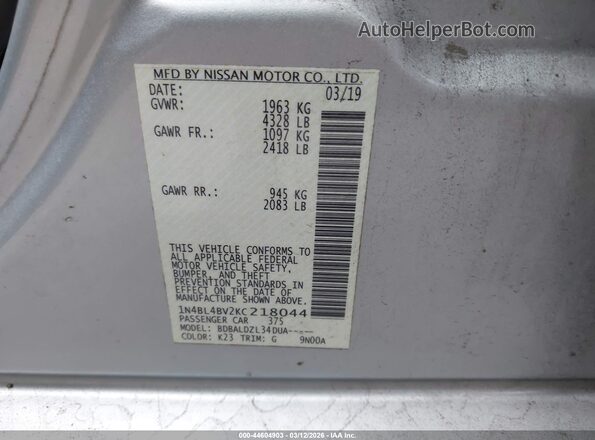 1N4BL4BV2KC218044 2019 NISSAN ALTIMA Silver 