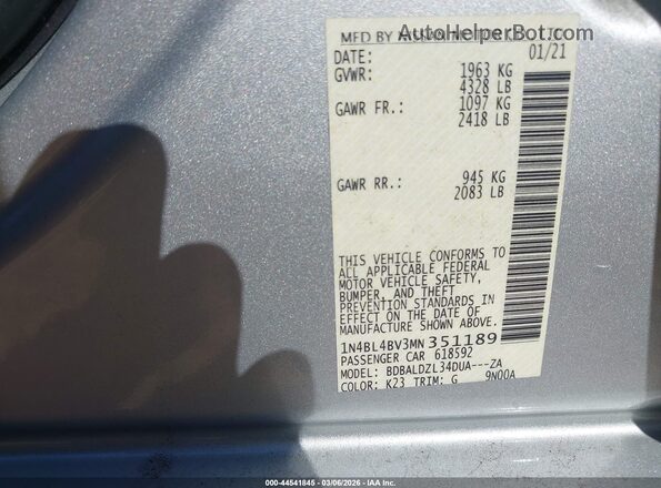 1N4BL4BV3MN351189 2021 NISSAN ALTIMA Silver Widok komory silnika