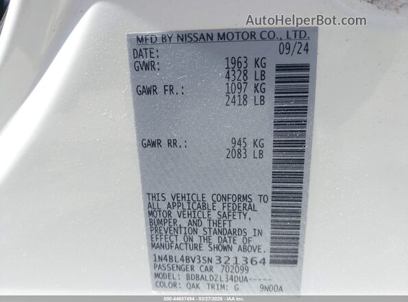 1N4BL4BV3SN321364 2025 NISSAN ALTIMA Белый Вид подкапотного пространства