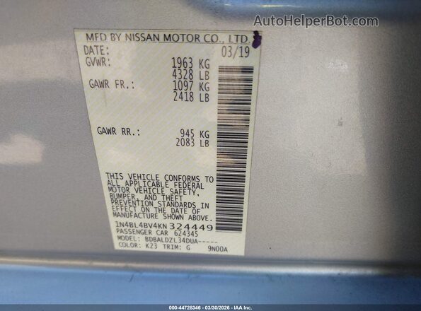 1N4BL4BV4KN324449 2019 NISSAN ALTIMA Silver Շարժիչի բաժամունքի տեսք