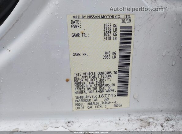1N4BL4BV5LC187745 2020 NISSAN ALTIMA White Вид підкапотного простору