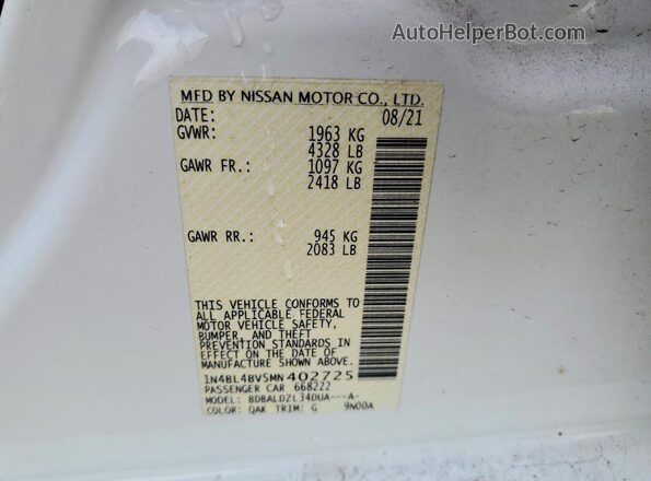 1N4BL4BV5MN402725 2021 NISSAN ALTIMA White Vista del compartimento del motor