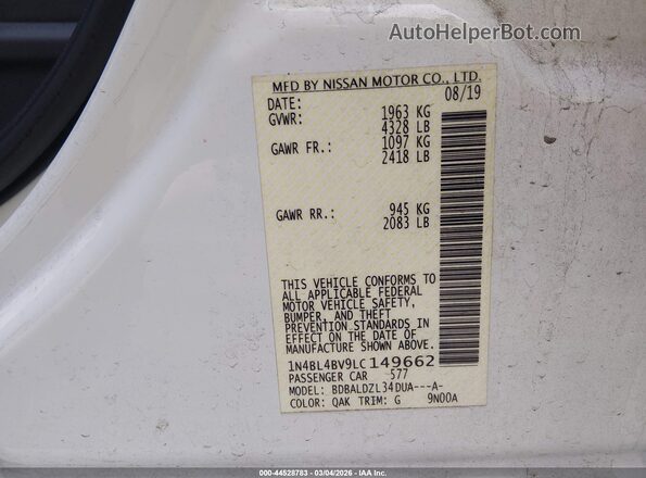 1N4BL4BV9LC149662 2020 NISSAN ALTIMA Белый Вид подкапотного пространства