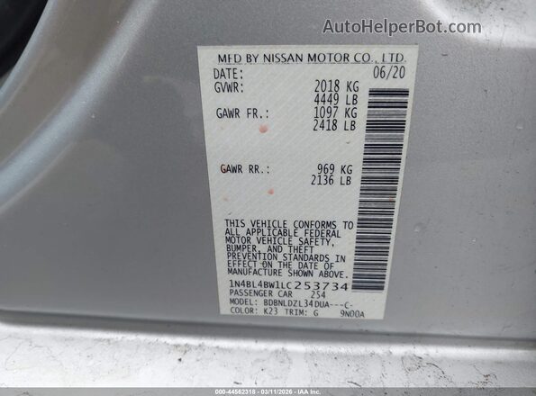 1N4BL4BW1LC253734 2020 NISSAN ALTIMA Silver ძრავის განყოფილების ხედი