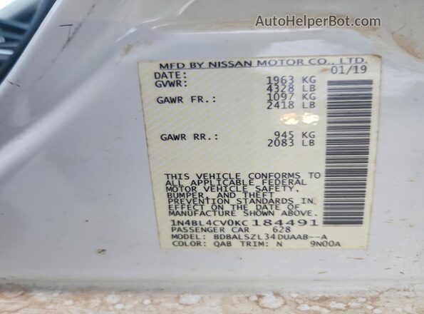 1N4BL4CV0KC184491 2019 NISSAN ALTIMA Белый Вид подкапотного пространства