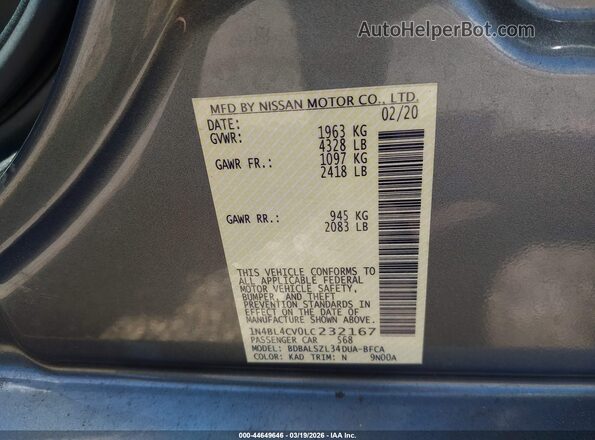 1N4BL4CV0LC232167 2020 NISSAN ALTIMA Серый Вид подкапотного пространства