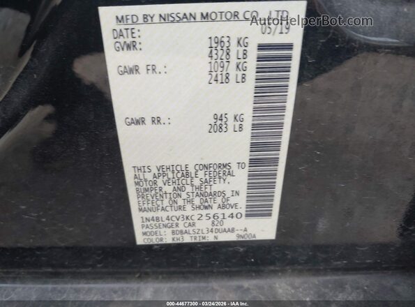 1N4BL4CV3KC256140 2019 NISSAN ALTIMA Black ძრავის განყოფილების ხედი
