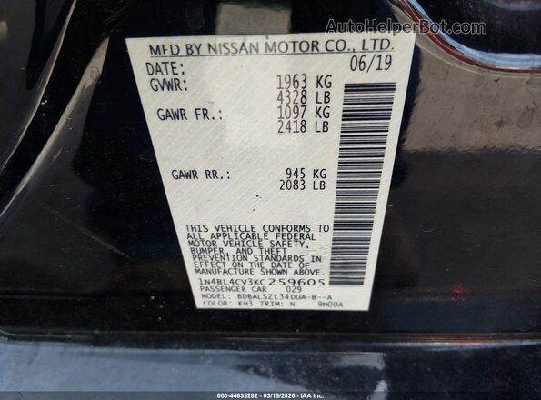 1N4BL4CV3KC259605 2019 NISSAN ALTIMA Black Вид підкапотного простору