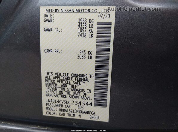 1N4BL4CV3LC234544 2020 NISSAN ALTIMA Gray Շարժիչի բաժամունքի տեսք