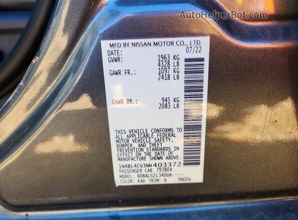 1N4BL4CV3NN403372 2022 NISSAN ALTIMA Gray Engine compartment view