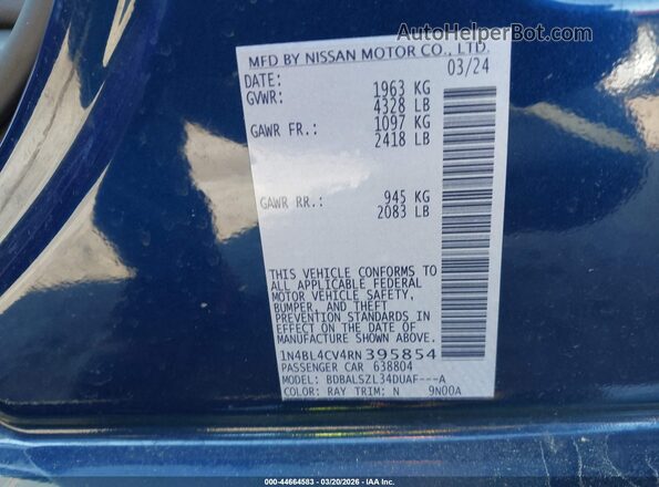 1N4BL4CV4RN395854 2024 NISSAN ALTIMA Blue ძრავის განყოფილების ხედი