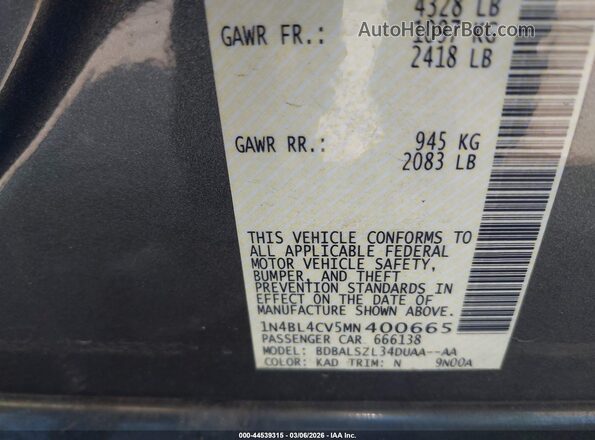 1N4BL4CV5MN400665 2021 NISSAN ALTIMA Gray Vista del compartimento del motor