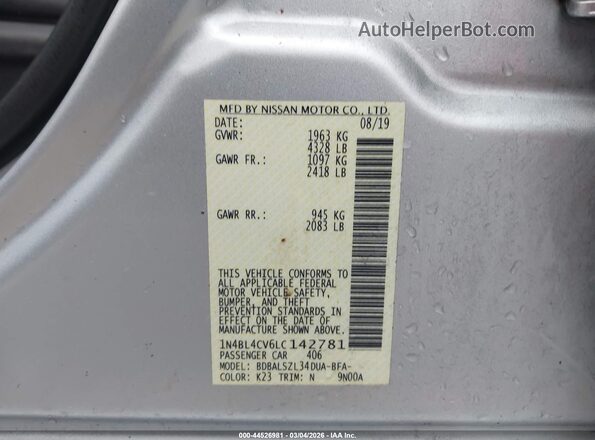 1N4BL4CV6LC142781 2020 NISSAN ALTIMA Silver Widok komory silnika