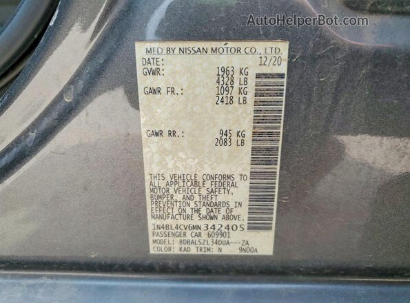 1N4BL4CV6MN342405 2021 NISSAN ALTIMA Gray Вид підкапотного простору